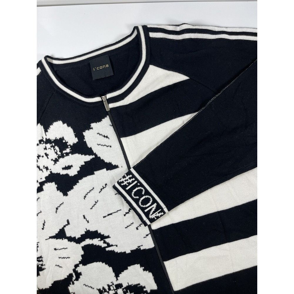 I'Cona Womens Jacket‎ Sz L Full Zipper Black and White Stripe Floral Sweater